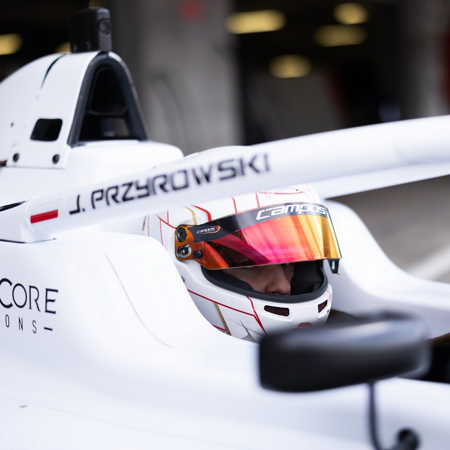 Close-up of the halo and mirror of the number 23 car